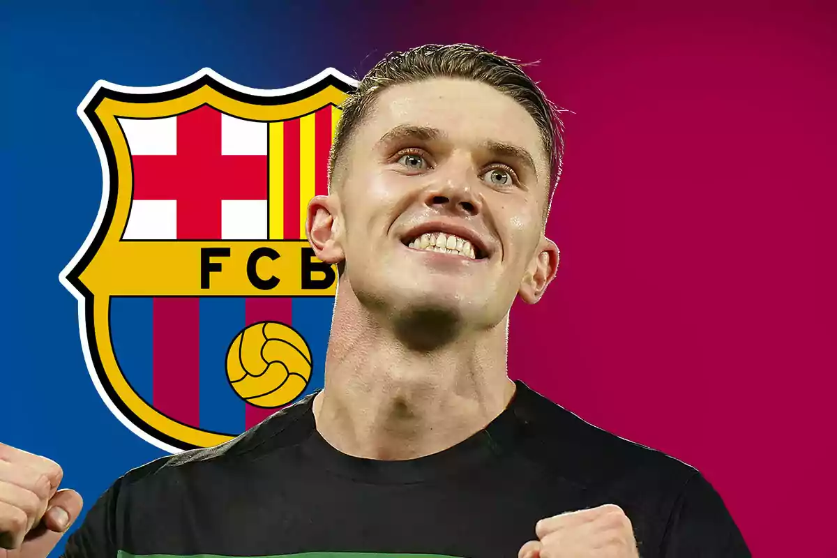 Un jugador de fútbol sonriente con el escudo del FC Barcelona de fondo.