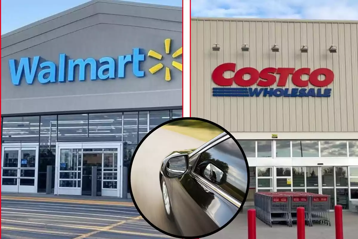 Fachadas de Walmart y Costco con un automóvil en movimiento en primer plano
