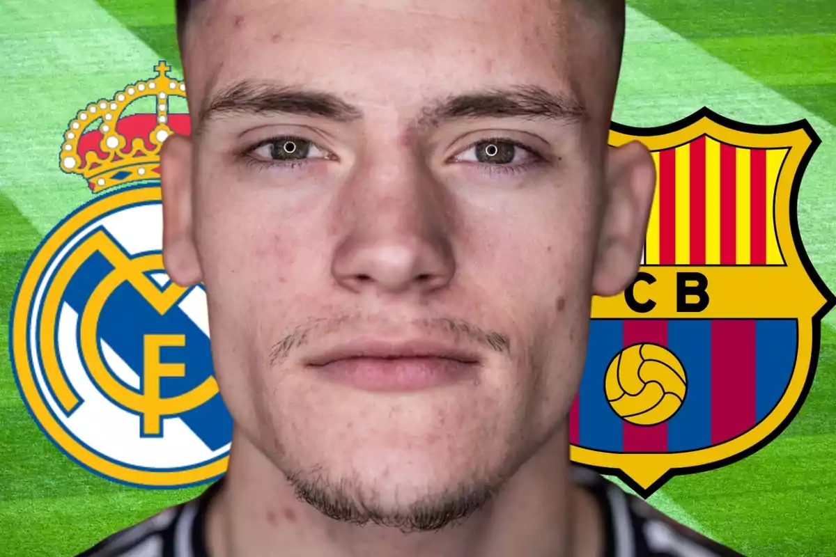 Florian Wirtz en primer plano con los escudos del FC Barcelona y el Real Madrid a su lado