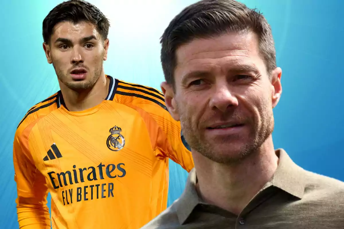Un futbolista con uniforme naranja del Real Madrid y un hombre de cabello corto con camisa beige posan sobre un fondo azul.