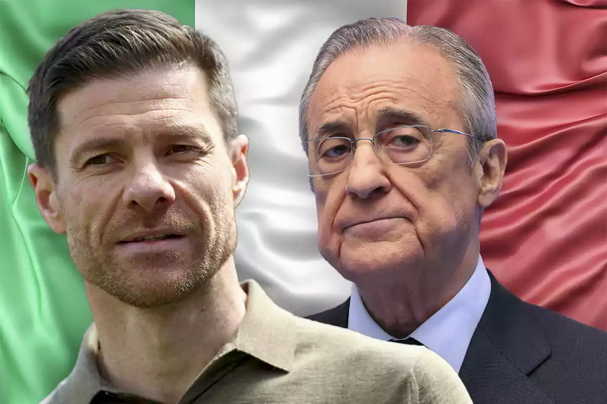 Dos hombres en primer plano con una bandera de Italia de fondo