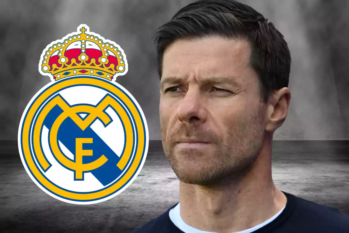 A man with a beard and dark hair appears next to the Real Madrid crest on a gray background.