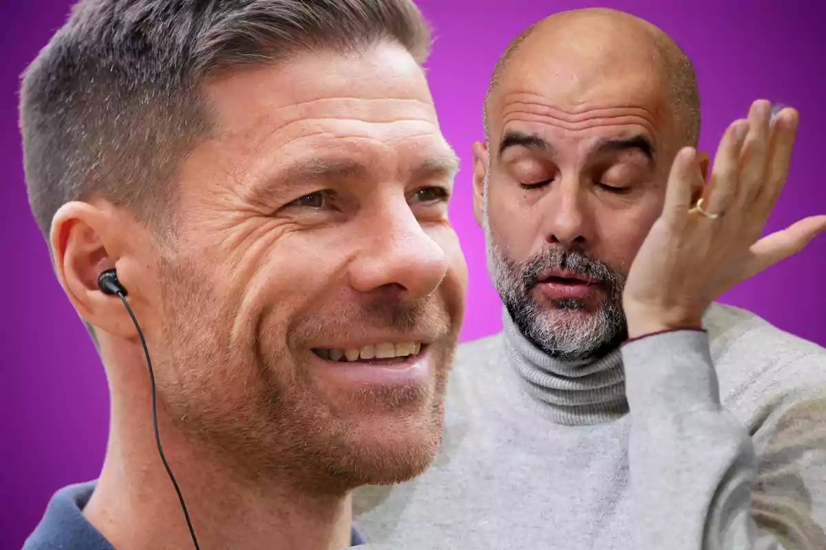 Two men in the foreground, one smiling with headphones and the other with closed eyes and a thoughtful expression, against a purple background.