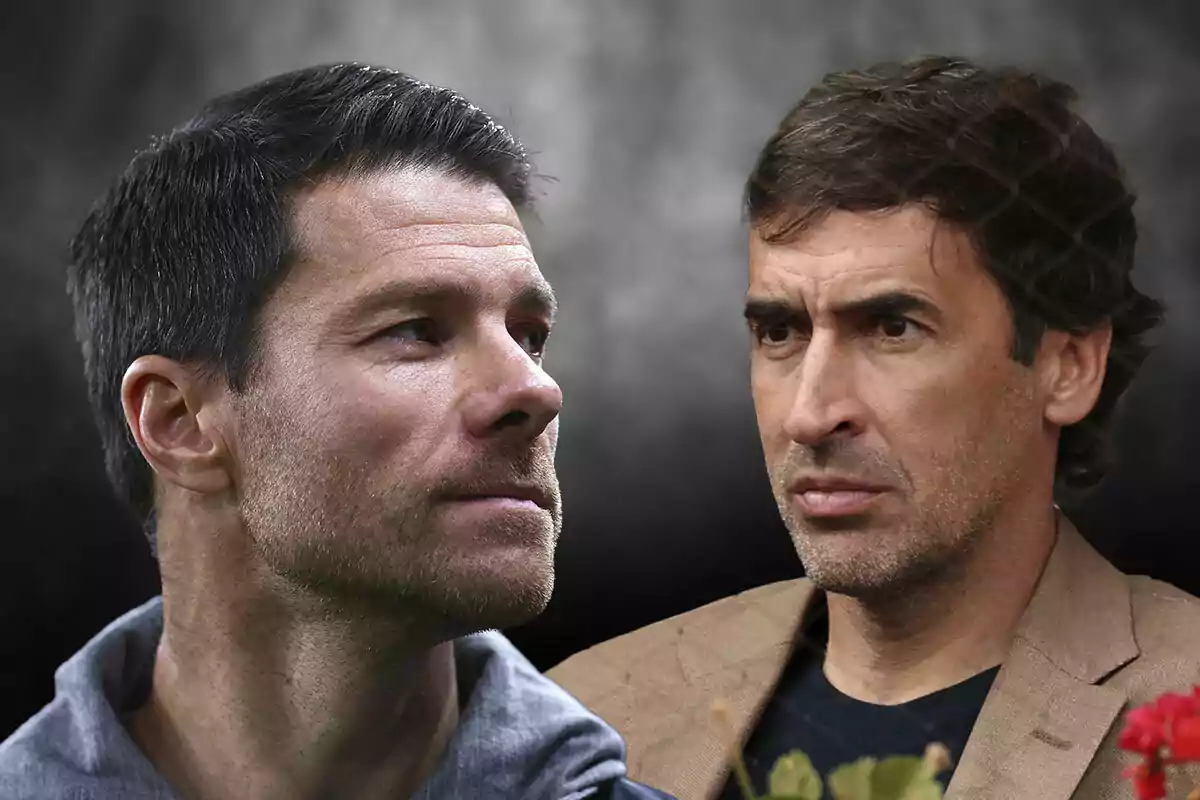 Xabi Alonso and Raúl looking in opposite directions with serious expressions and a dark background.