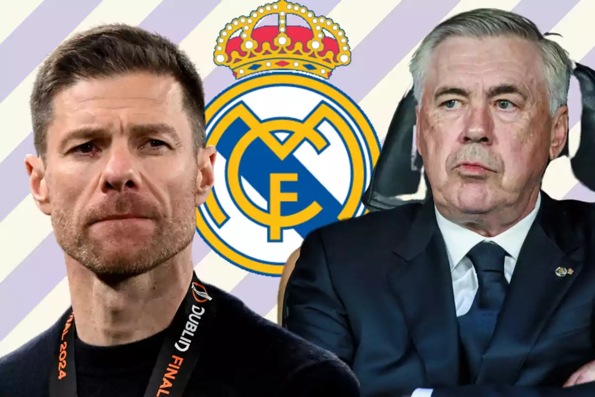 Xabi Alonso y Carlo Ancelotti con el escudo del Real Madrid