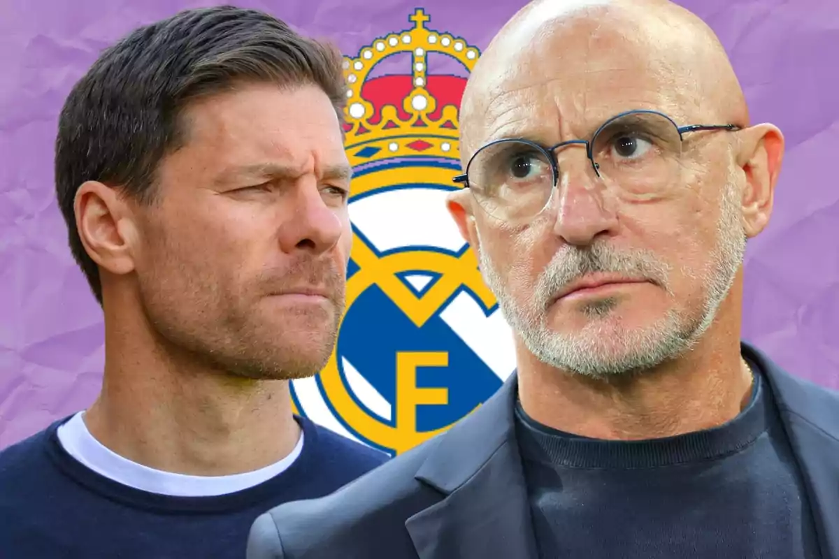 Dos hombres serios en primer plano con el escudo del Real Madrid de fondo sobre un fondo morado