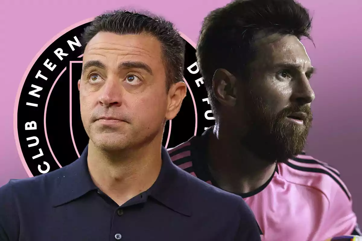 Xavi and Messi in front of a soccer club logo with a pink background.