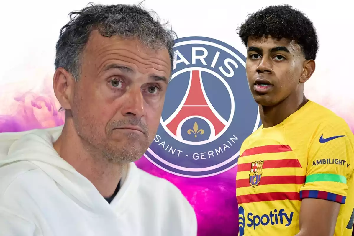 Luis Enrique y Lamine Yamal en primer plano con el escudo del PSG de fondo