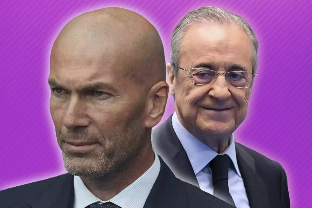 Zidane y Florentino Pérez con trajes formales sobre un fondo morado.