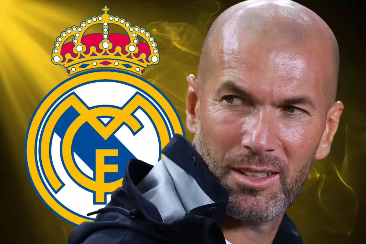 Hombre calvo con barba mirando hacia un lado con el escudo del Real Madrid de fondo y un efecto de luz amarilla