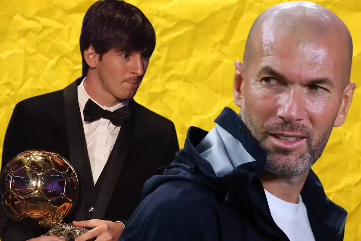 Dos hombres, uno con un trofeo dorado y otro mirando hacia un lado, sobre un fondo amarillo.
