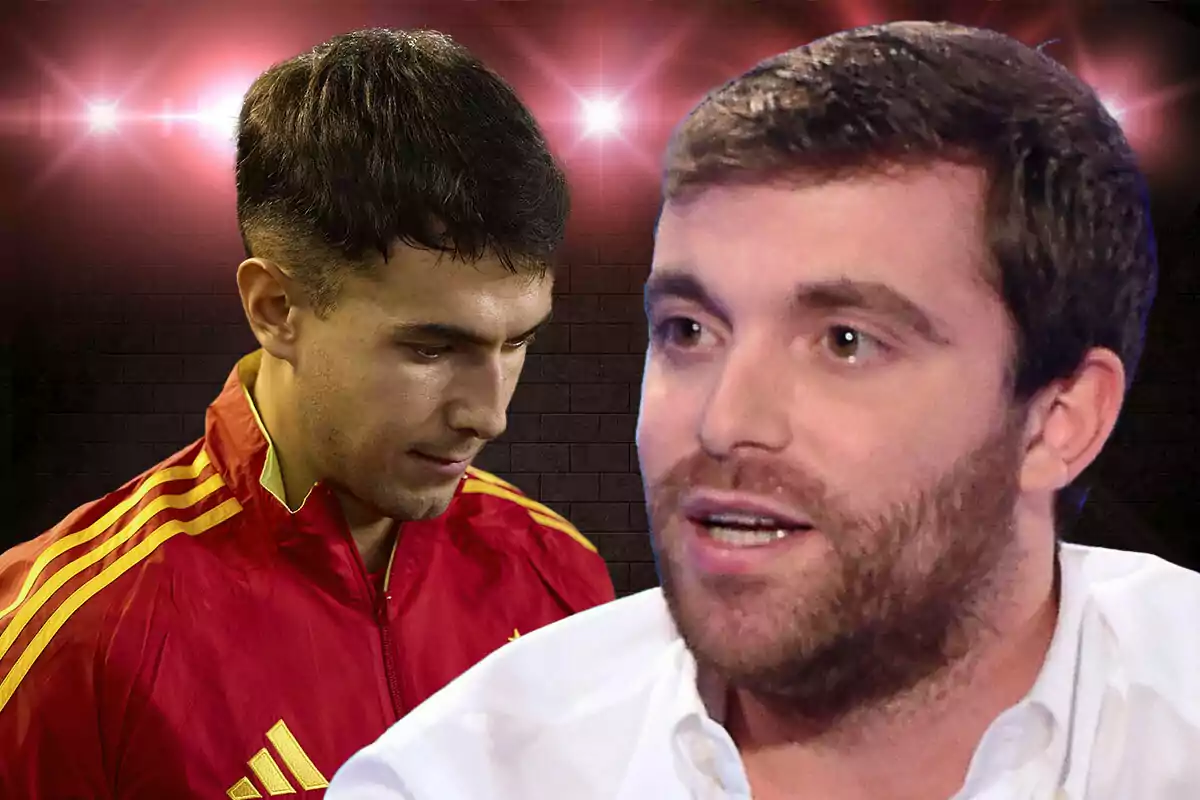 Dos hombres en primer plano, uno con chaqueta roja y amarilla y el otro con camisa blanca, sobre un fondo oscuro con luces brillantes.