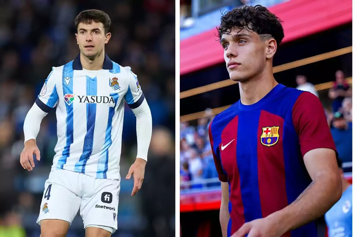 Two soccer players wearing Real Sociedad and FC Barcelona uniforms.